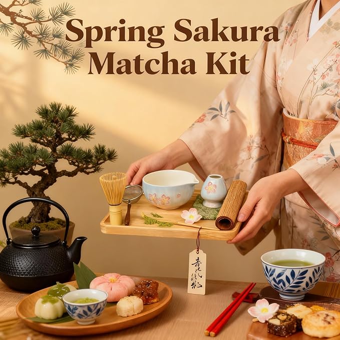 Matcha set with tray 8pcs, Japanese Matcha Kit includes Ceramic Matcha Bowl, Bamboo Matcha Whisk (Chasen), Whisk Holder, Macha Scoop(Chashaku), Bamboo Placemat, Sifter, Tea Cloth Chakin，Blue & Pink