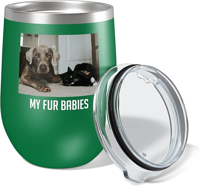 Personalized 12oz (17 Colors) Photo Printed Insulated Stainless Steel Powder Coated Stemless Wine Tumbler with Lid, Customized Gift Idea for Her, Custom Coach Gifts Team Mom Dad Mother's Day (Green)