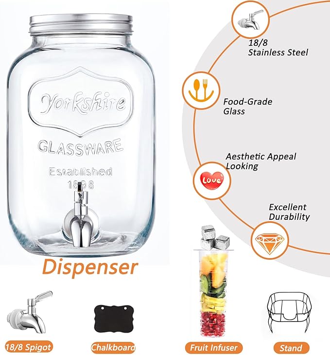 2 Gallon Drink Dispensers for Parties with18/8 Stainless Steel Spigot and Stand, Juice Jug Beverage Dispensers Glass Water Dispenser Lemonade Dispenser Sun Tea Glass Jar for Outside