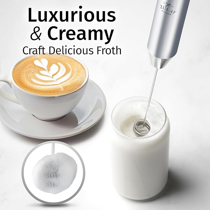 Zulay Kitchen Lux Electric Milk Frother Rechargeable Handheld - Powerful 2-Speed Motor, Waterproof, 2000mAh Battery - Drink Mixer for Latte, Cappuccino, Matcha & Protein Powder - Pure Silver