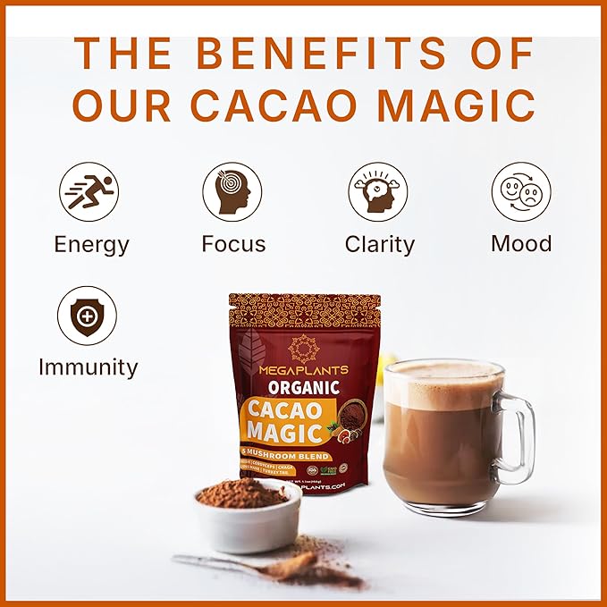 MegaPlants Cacao Magic (50 Servings) | Superfood 5 Mushroom Blend | Lions Mane, Reishi, Chaga, Cordyceps, Turkey Tail | Smoothie, Hot Chocolate, Coffee Alternative