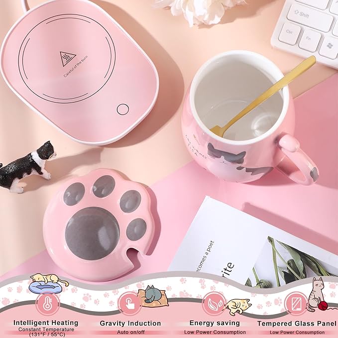Honeydak Coffee Mug Warmer Cute Cat Mug Set Cup Warmer for Desk for Women Heated Coffee Warmer for Mom Home Office Christmas Birthday Gifts(Pink)