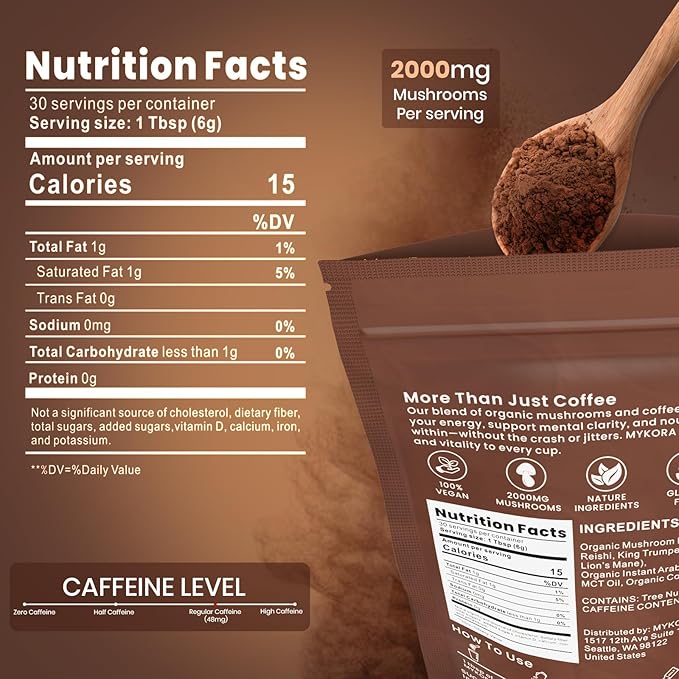 Mushroom Coffee 2000mg, Organic Instant Coffee with 6 Adaptogenic Mushrooms (Lion’s Mane & Turkey Tail), with MCT Oil & Coconut, for Focus, Energy, Digestion & Immune Support, 30 Servings