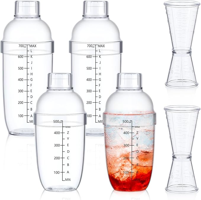 Uiifan 6 Pcs Plastic Cocktail Shaker Set 4 Pcs 17 oz 24 oz Hand Drink Mixer and 2 Ounce Cup with Measurements Mixing Tool for Bar Party Tea Coffee Milk