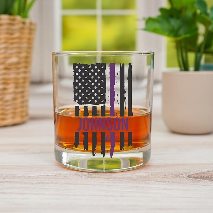 Blue Ridge Mountain Gifts - Thin Purple Line Whiskey Glass - Personalized Security Professional Glass, Security Officer Appreciation, Purple Line Merch, Custom Barware