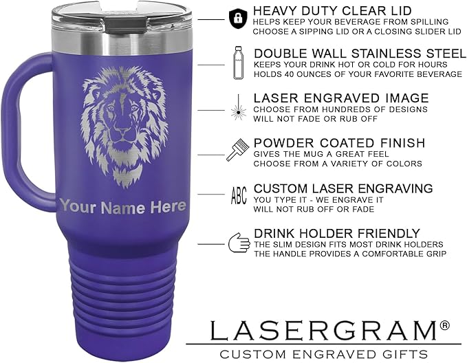 LaserGram 40oz Vacuum Insulated Travel Mug with Handle, Tiki Statue, Personalized Engraving Included (Dark Purple)