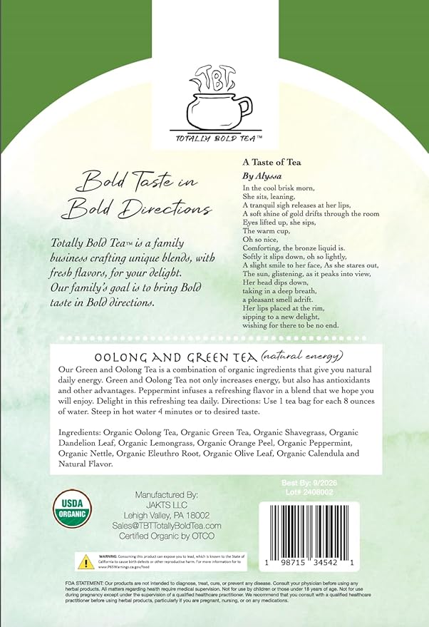 TBT - Totally Bold Tea - Oolong and Green Tea - Natural Energy - Caffeine - 30 pyramid whole leaf bags.