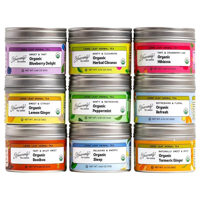 Heavenly Tea Leaves Organic Herbal Loose Leaf Tea Sampler Gift Set (Approx. 90 Cups) | 9 Naturally Caffeine-Free Tisanes | Great Hot or Iced | Assorted Variety Pack | Health & Immune Support