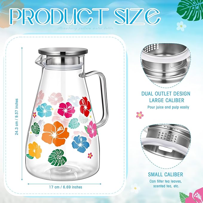 Domensi 74 oz / 2200 ml Glass Pitcher with Lid Water Pitcher with Handles Beverage Water Jar Glass Jug Hot and Cold Resistant Carafe for Tea Juice Milk Coffee Iced Beverage(Hawaiian Flowers)
