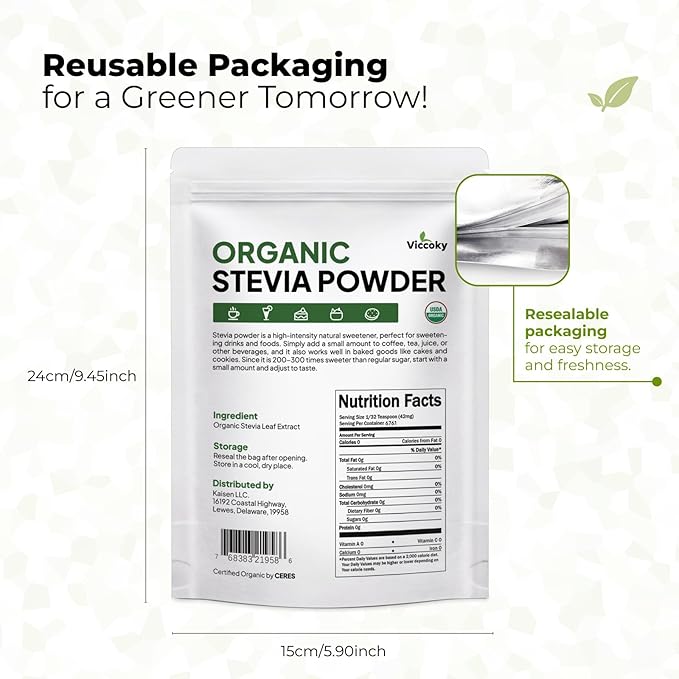 Viccoky Organic Stevia Powder, Pure Stevia Extract Powder, Sugar-Free & 0 Calories, No Additives, Sugar Substitute, Natural Sweetener, 10oz (284g)