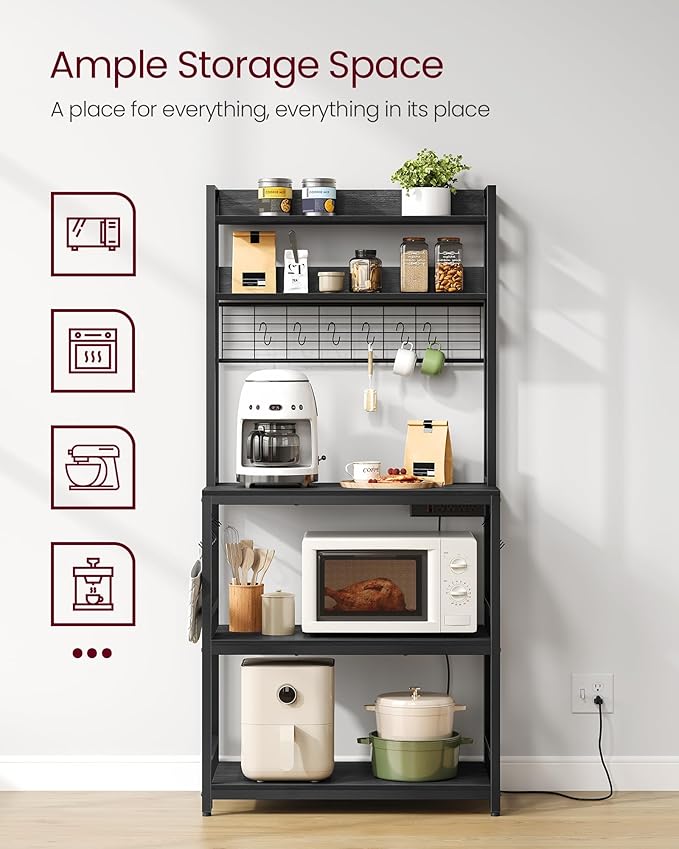 VASAGLE Bakers Rack with Power Outlet, Microwave Stand, Kitchen Tall Utility Storage Shelf, with Metal Wire Panel, 14 Hooks, 15.7 x 31.5 x 66.9 Inches, Charcoal Gray and Ink Black UKKS025B22