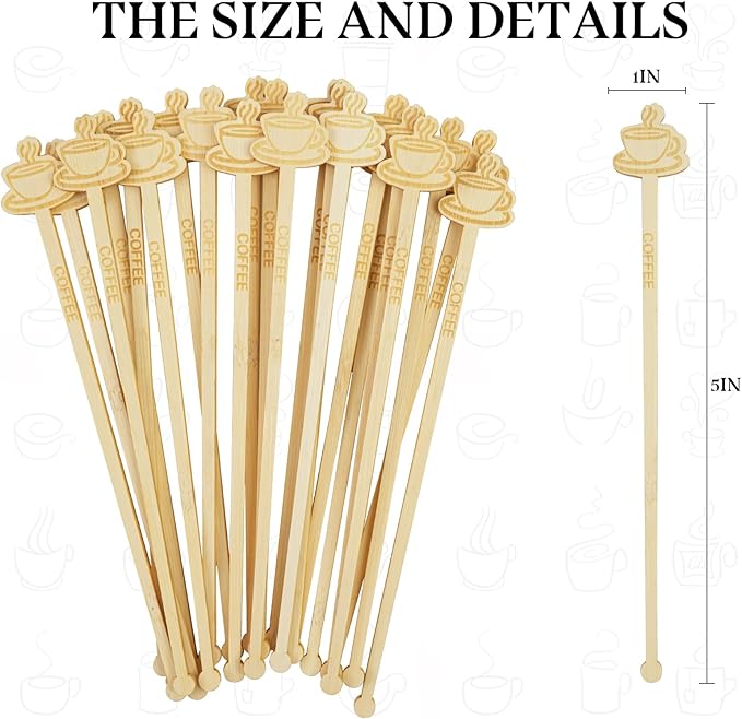 Bamboo Coffee Stirrers 60-Pack Coffee Stir Sticks Disposable 7Inch Beverage Mixer Coffee Shape Ends Eco-Friendly Biodegradable Cafés Stirring Sticks for Coffee Cocktails Milk & Hot Drinks
