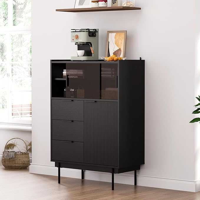 MEISSALIVVE Sideboard Cabinet, 31.5" x 45" Buffet Cabinet with Storage, Black Sideboard with 2 Sliding Doors & 3 Drawers, Coffee Bar Modern Entryway Storage for Living Room, Bedroom, Kitchen