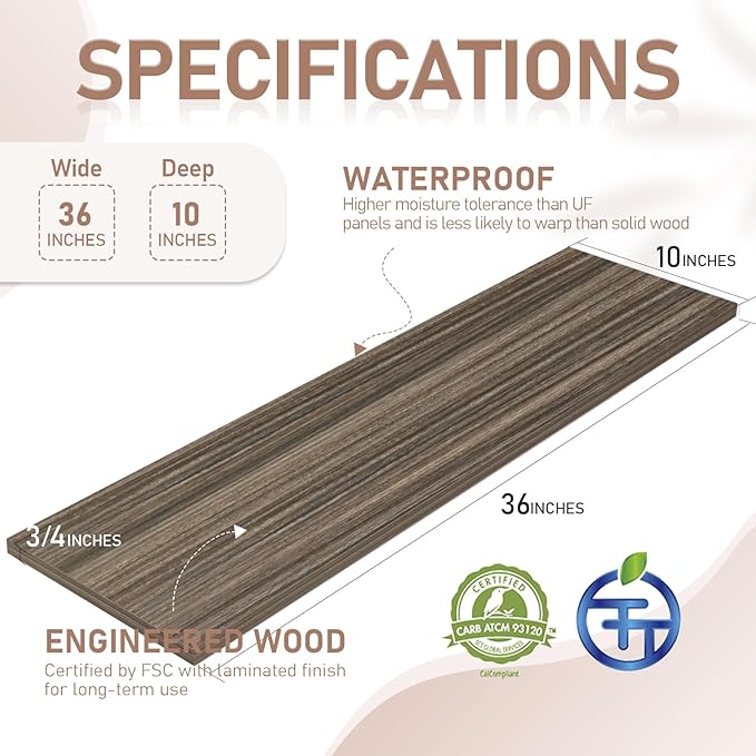 Kaboon 36 inch Long 10 inch Deep Floating Shelves for Wall Set of 2, Large Open Shelves Wall Mounted, Space Saving Home and Commercial Use, Eucalyptus