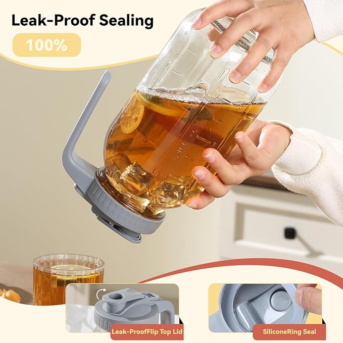 Novelinks 64OZ Glass Pitcher with Lid, Wide Mouth Mason Jar Pitcher, Leak-proof Water Jug for Juice, Milk,iced Coffee Lemonade Tea,2 Pack