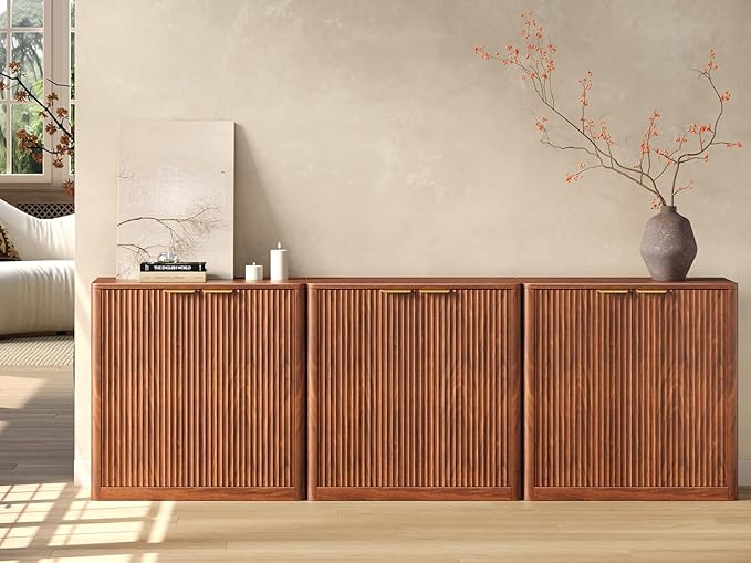 Evermagin 94.5" Walnut Buffet Cabinet with Storage, Large Sideboard Cabinet, Mid Century Modern Accent Credenza, Fluted Console Table with Doors for Dining Room, Kitchen, and Living Room