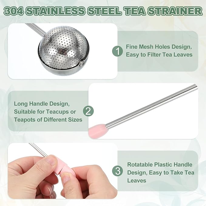 uxcell Tea Infuser for Loose Leaves, Stainless Steel Tea Infuser Filter with Round Plate, Twisting Handle Steeper Strainers for Cup and Teapot, Ball Shaped, Pink