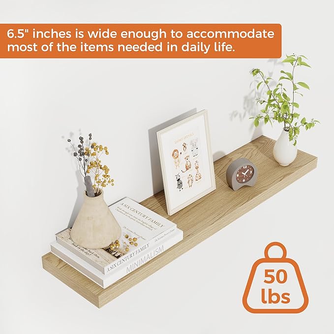 Fun Memories Floating Shelves for Wall, 27.5" Rustic Wood Deep Wall Mounted Shelves with Invisible Brackets for Decor & Storage, Floating Shelf for Living Room, Bathroom (Oak, Set of 2)