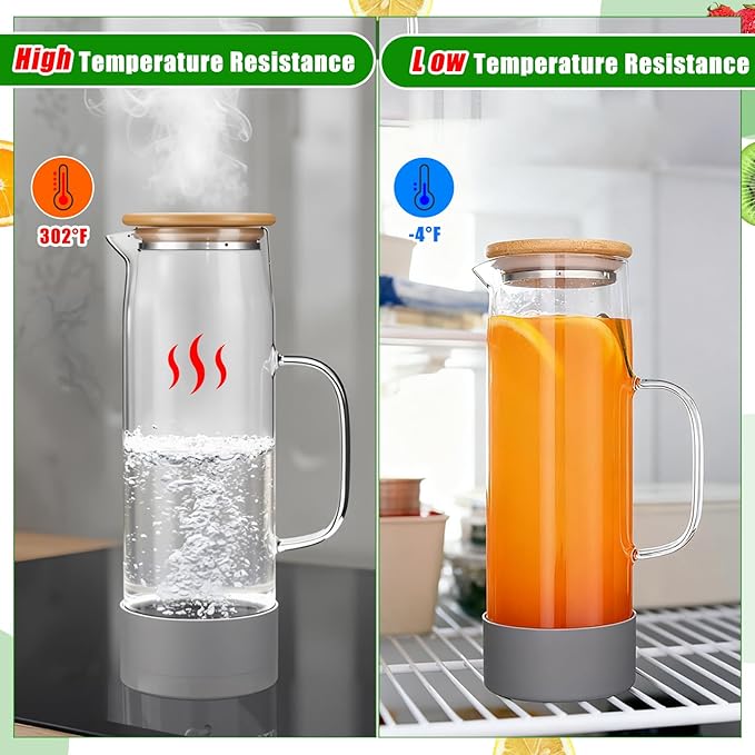 Honeydak 2 Pack 51oz/1.5 Liter Glass Pitcher with Lid, Water Pitcher with Silicone Base, Spout and Handle Large Ice Tea Carafe for Fridge, Anti-slip Glass Jug for Drinks