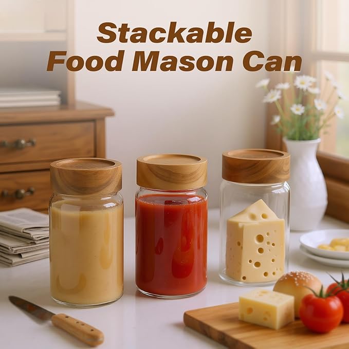 6-Pack 10 oz Airtight Food-Grade Glass Mason Jars with Acacia Wood Lids - Sealable, Waterproof & Stackable Canister Set for Overnight Oats, Dry Goods, Baking Supplies & Pantry Organization