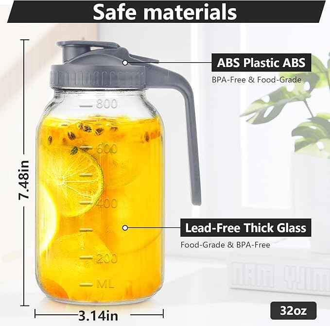 32 oz Glass Pitcher with Lid, 1 Quart Breastmilk Pitcher Double Leak Proof, Wide Mouth Jar with Flip Cap Lid, Heavy Duty Container for Water, Juice, Milk, Tea, Iced Coffee, and Drinks（Grey）