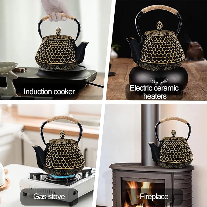 Cast Iron Tea Pot - Honeycomb Pattern Tea Kettle with Tea Leaf Infuser,Stovetop Tea Kettle Coated with Enameled Interior,Suitable for Brewing Loose Leaf Tea (Gold)