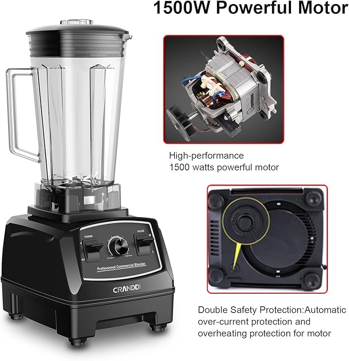 CRANDDI Professional Blender,1500 Watt Commercial Blenders for Kitchen with 70oz Capacity and Self-Cleaning, Classic Blenders for Shakes and Smoothies, Build-in Pulse, YL-010-B