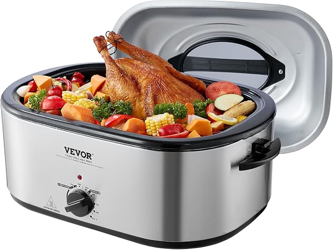 VEVOR Electric Turkey Oven, 26 QT Capacity with Auto-Basting Cover, 1450W, Features Defrost & Keep Warm Settings, Temperature Control, Includes Detachable Pan & Rack, Accommodates Up to 30LBS Turke