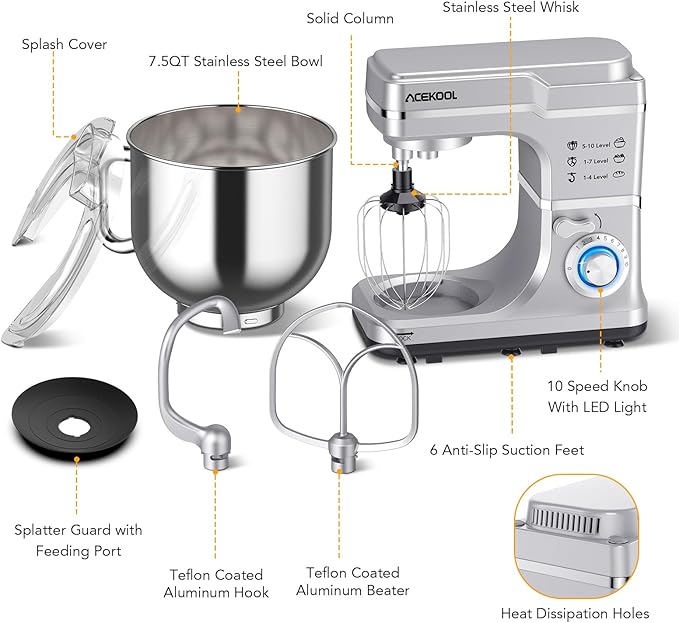 Garvee 7.5 QT Stand Food Mixer, 10-Speed Tilt Head 3 in-1 Kitchen Electric Mixer with Stainless Steel Bowl, Egg Whisk, Dough Hook, Beater, Splash Guard, Compact Dough Mixer for Home Cooks, Silver