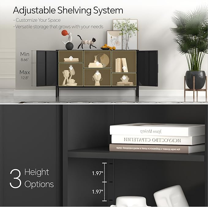 Metal TV Cabinet with Doors and Shelves Modern Metal Storage Cabinet Coffee Bar TV Stand 2 Door Locker for Office Living Room Kitchen (Black, 47.24" D x 13.78" W x 29.53" H)