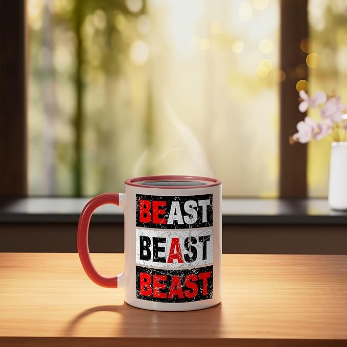 Retro Be A Beast Gym Training Shirt Ceramic Mug, Red/White
