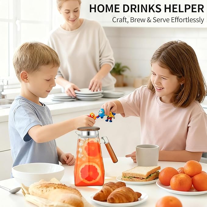 1.8 Liter 60 oz Glass Pitcher with Wooden Lid & Handle - Heat-Resistant Borosilicate Jug with Trident Star Design, Perfect for Iced Tea, Lemonade, Cold Brew & Party Drinks (Clear, 60 oz)