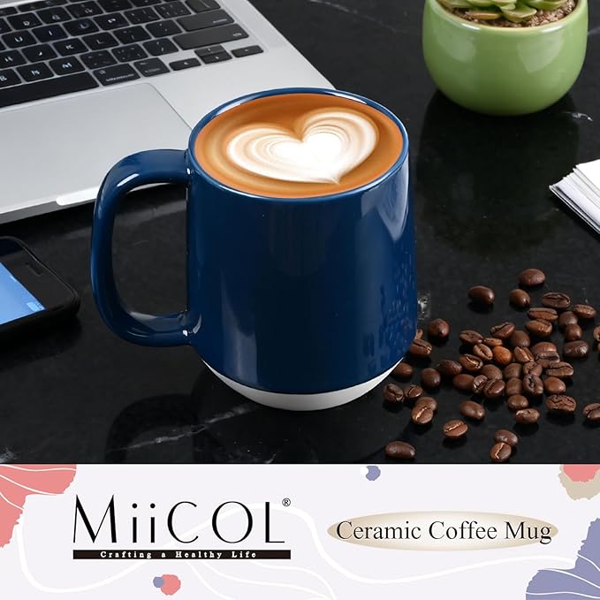 Miicol Ceramic Coffee Mug, 16 oz Large Coffee Cup, Tea Mug with Handle, Flat Bottom Mug for Men, Women, Office, Microwave and Dishwasher Safe, Multi-Color, Deep Ocean Blue