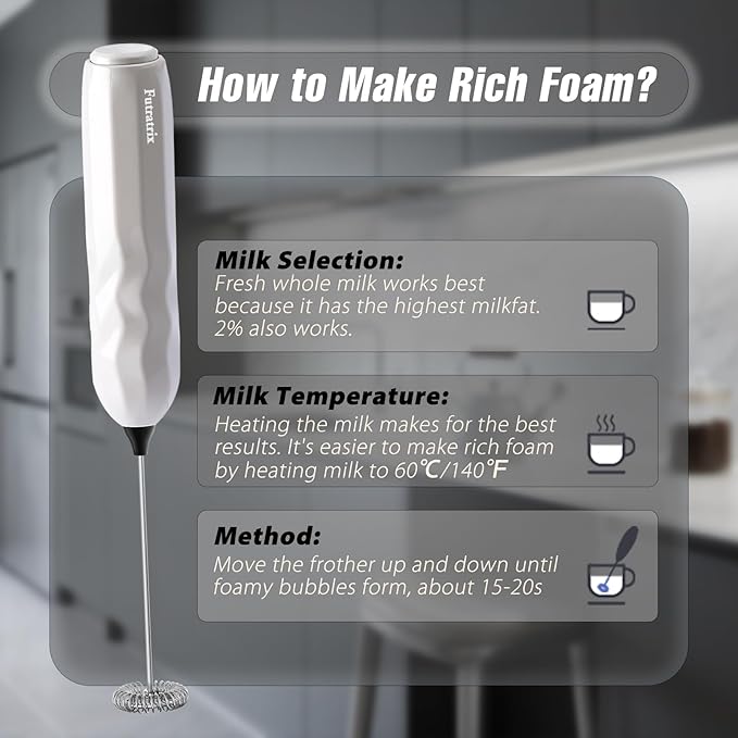 Handheld Milk Frother, Fast Powerful Drink Mixer Battery operated with Stainless Steel Whisk for Coffee (White with Stand)