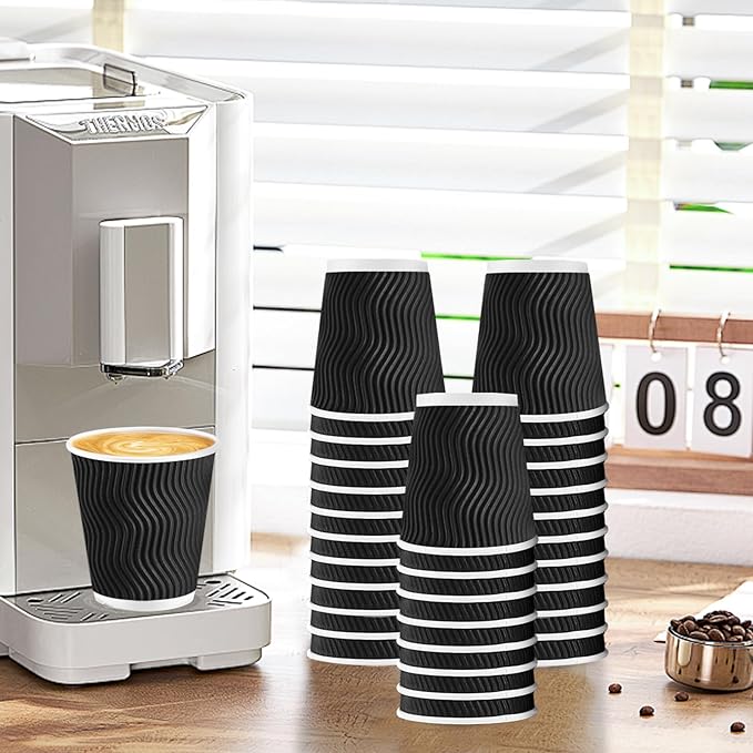 Lamosi Disposable Coffee Cups 10 OZ 100 Pack, Paper Coffee Cups 10 OZ for Hot Drinks or Cold Beverages, Insulated Corrugated Ripple Wall Cup No Lids for Office, Cafe, Home or Travel (Black)