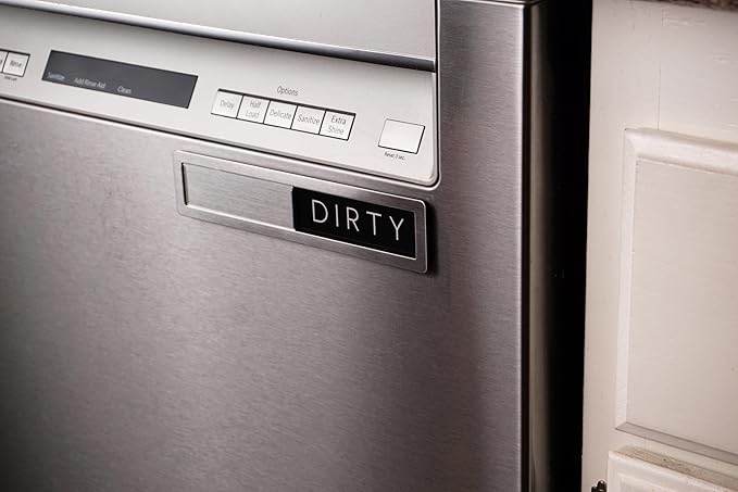 Stainless Steel Dishwasher Magnet Clean Dirty Sign - Premium Magnetic Signs That Say Clean/Dirty - Optional Sticker Adhesive for Non-Metal Surface Dish Washers - Black & White Minimalistic Style