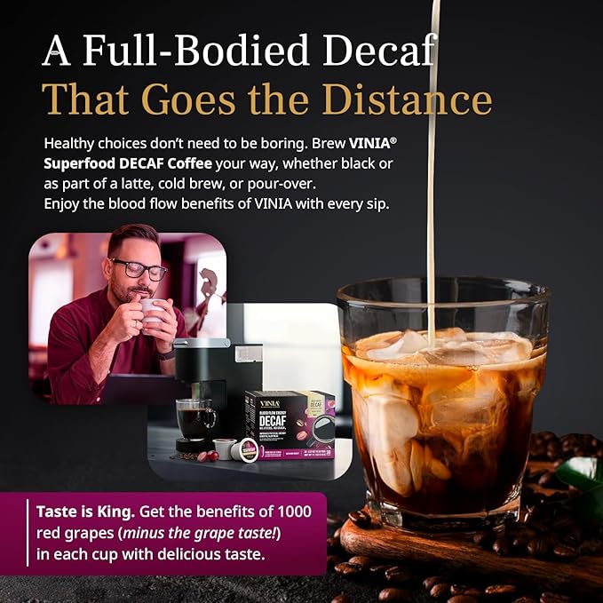 VINIA Decaf Medium Dark Roast with Red Grape Piceid Resveratrol, Nitric Oxide for Heart Health, Alertness, Physical Energy & Blood Flow Circulation. 30ct K-Cup Pods