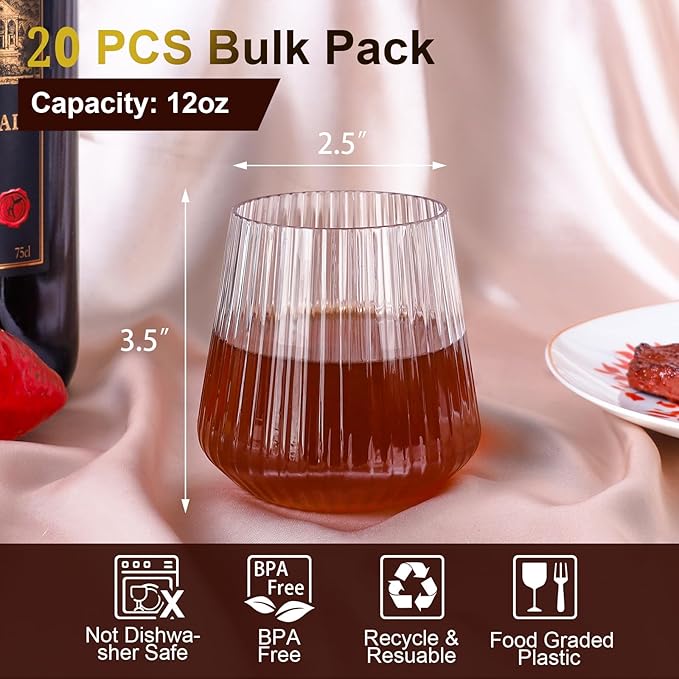 20 Pack Plastic Ribbed Wine Glasses, 14Oz Origami Disposable Wine Glasses Unbreakable Clear Plastic Cocktail Glasses Recyclable Shatterproof Reusable Wine Cups (14oz-20pack)