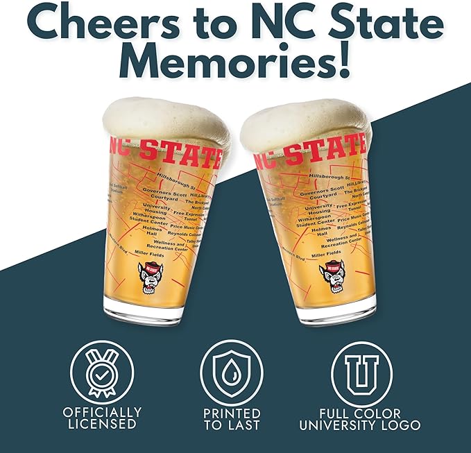 Greenline Goods – North Carolina State University Wolfpack College Pint Beer Glasses (Set of 2), 16 oz – Full-Color Logo + Campus Map