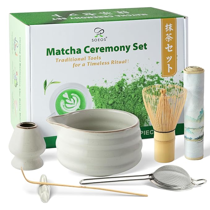 Soeos Premium Matcha Traditional Starter Set, 7-Piece Matcha Kit with Bamboo Whisk (Chasen), Scoop (Chashaku), Stainless Steel Sifter, Whisk Stand, Matcha Bowl, Scoop Rest, and Tea Towel