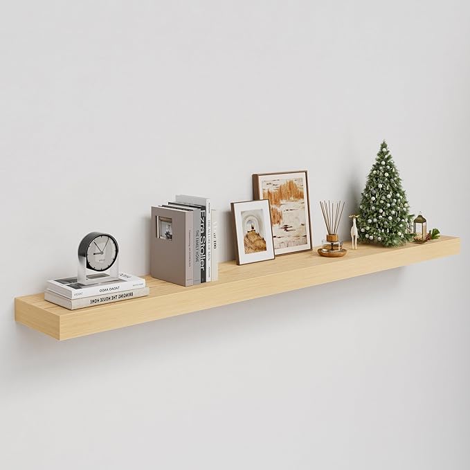 White Oak Floating Shelf for Wall, 2 Inch Thick Sturdy Wood Floating Shelves Wall Mounted, 48" Long Shelves for Kitchen Bedroom Living Room,8" Deep Floating Book Shelves, 50LB Capacity