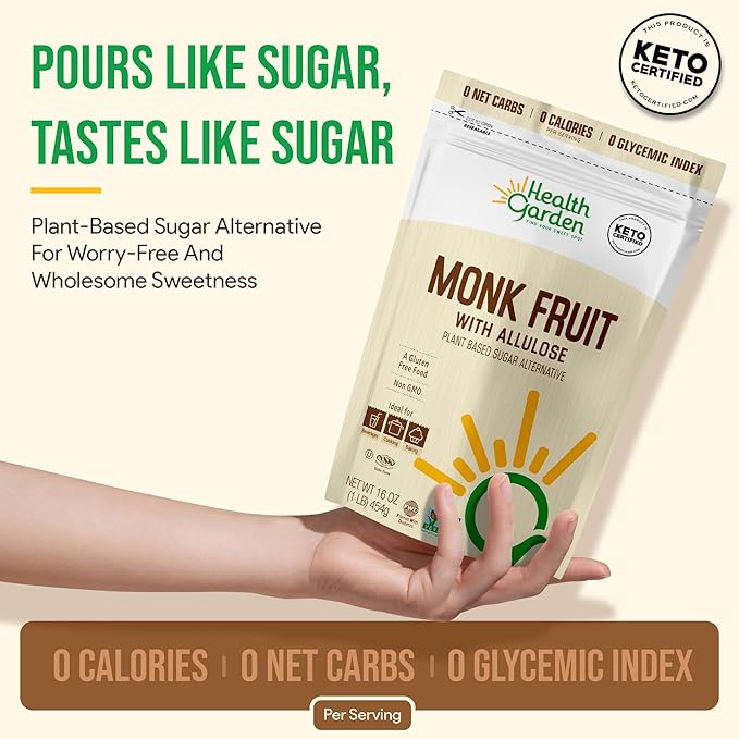 Health Garden Monk Fruit with Allulose Sweetener - Natural Plant-Based Sugar Alternative with Zero Calories - Ideal for Keto Diets, Gluten-Free, Vegan, and Non-GMO - 2.5lb