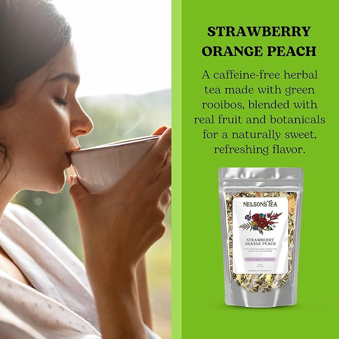 Nelson's Tea Strawberry Orange Peach - Caffeine Free Herbal Rooibos Loose Leaf Tea - Irresistable Blend of Green Rooibos, Orange Peel, Marigold and Strawberries - Fruit Loose Leaf (4 oz)