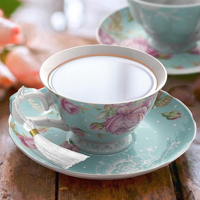 London Boutique Tea Cup and Saucer Set 1 Afternoon Tea Set New Bone China Vintage Flora Gift Box 200m (Turquoise)
