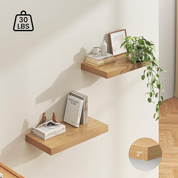 Dreamland 24" Floating Shelves for Wall, 12" Deep Thicker Oak Floating Shelves, Wall-Mounted Shelves for Bedroom, Living Room, Kitchen, Bathroom - Set of 2