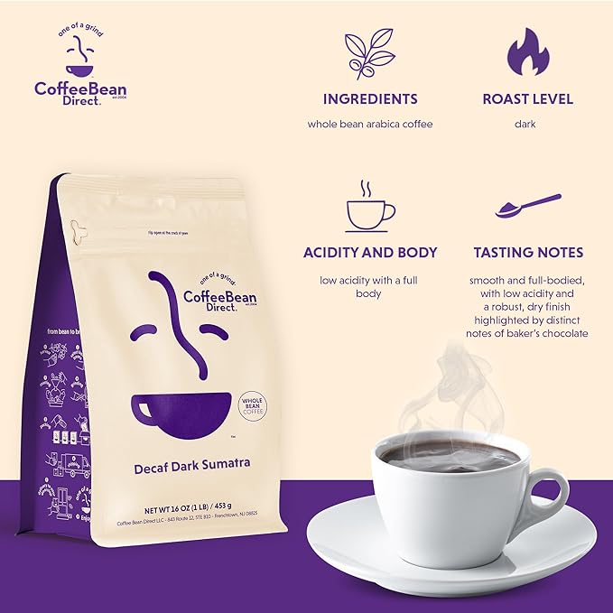 Coffee Bean Direct Decaf Dark Sumatra, Whole Bean Coffee, Dark Roast, 1 Pound Bag (Pack of 1)