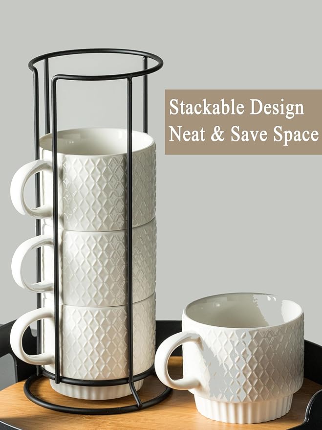Gomakren Stackable Coffee Mugs Set with Stand, Coffe Cup with Tea Spoon 13 Ounce Christmas Cups for Cappuccino Coffee Drinks Tea, Set of 4, White Gift for Man Women 380ml