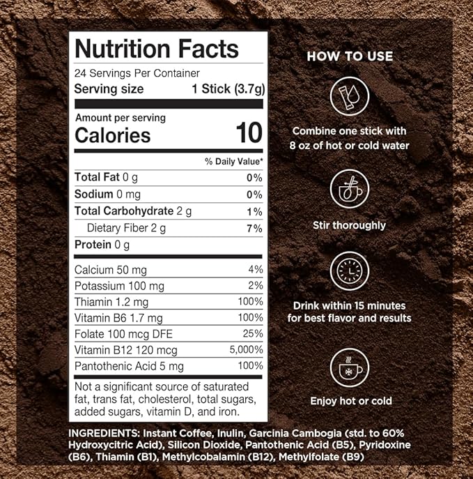 VitaCup Slim Instant Coffee Packets, with Garcinia, Fiber, B Vitamins, Bold & Smooth, Medium Dark Roast, 100% Arabica Coffee in Single Serve Sticks, 24 Ct