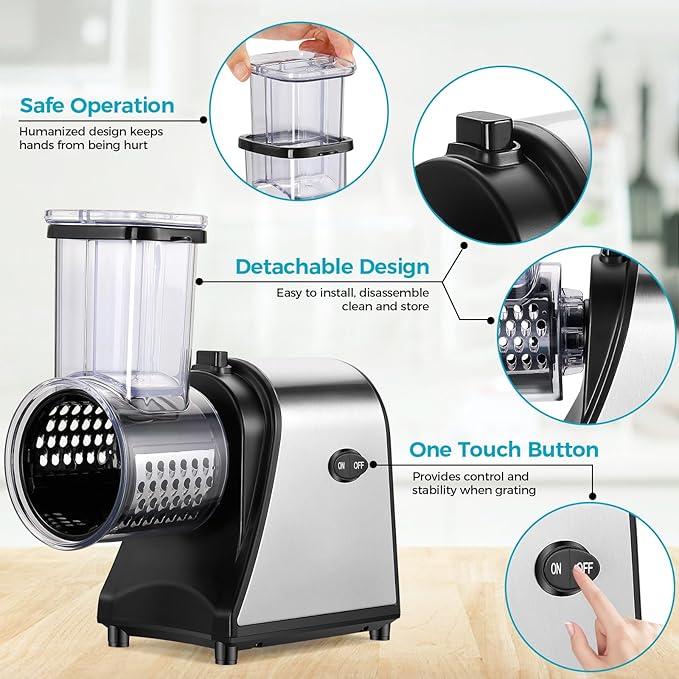 250W Electric Cheese Grater, Salad Maker for Home Kitchen Use, Cheese Grater Electric for Cheeses, Fruits, and Vegetables