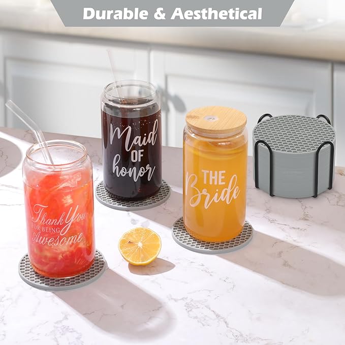 Silicone Coaster Set of 16 with Holder, Drinks Coasters, Suitable for Hot or Cold Cups, Anti-Slip, Non-Stick, Anti-Overflow Tabletop Protection and Decor (Gray, 16 Pcs)